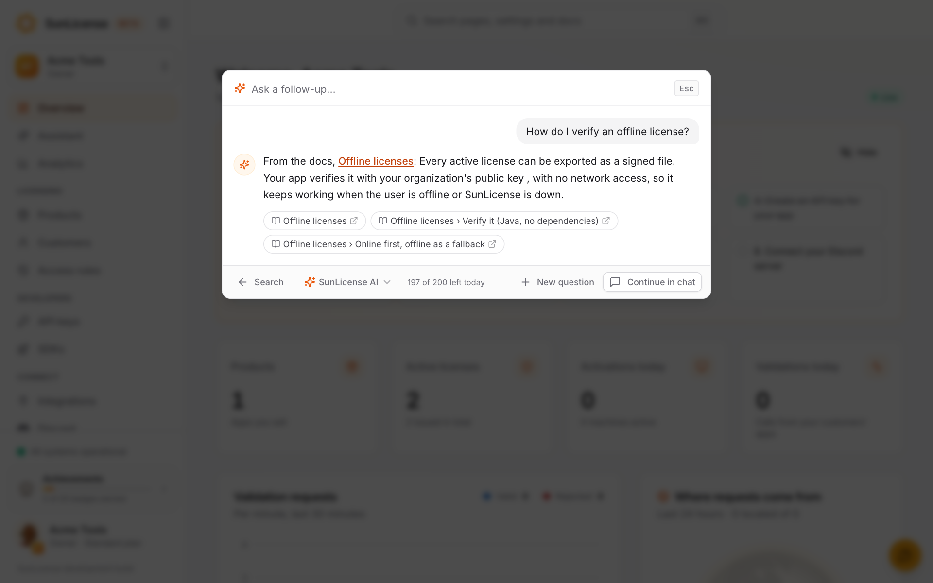 An answer in the search bar, with a link to the docs section it used