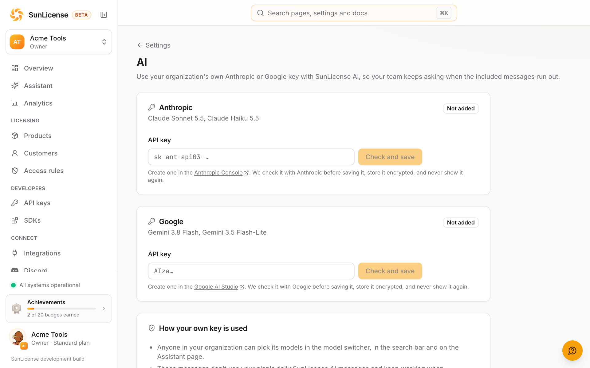 Settings → AI, where owners and admins add their own keys