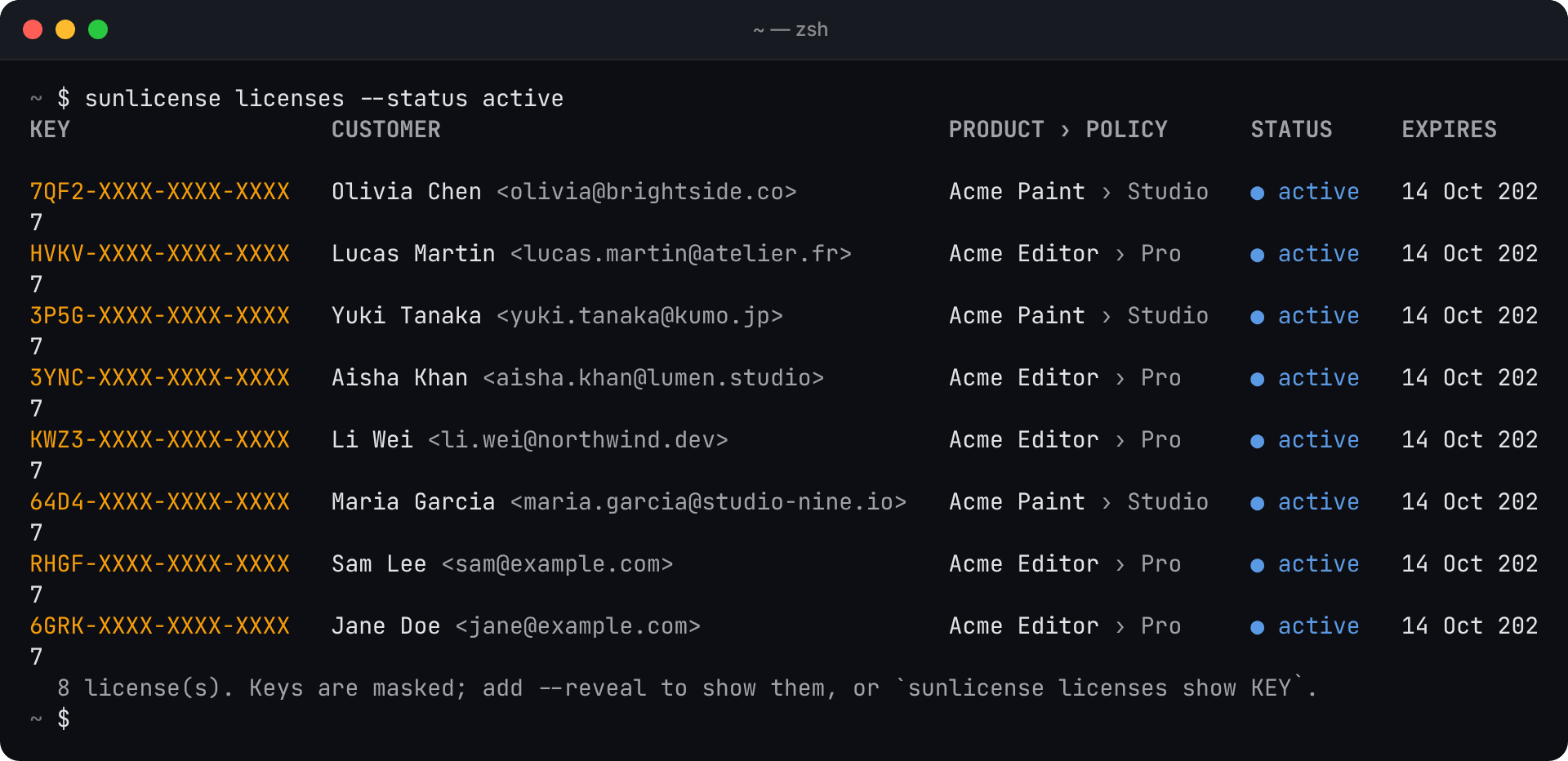 sunlicense licenses --status active