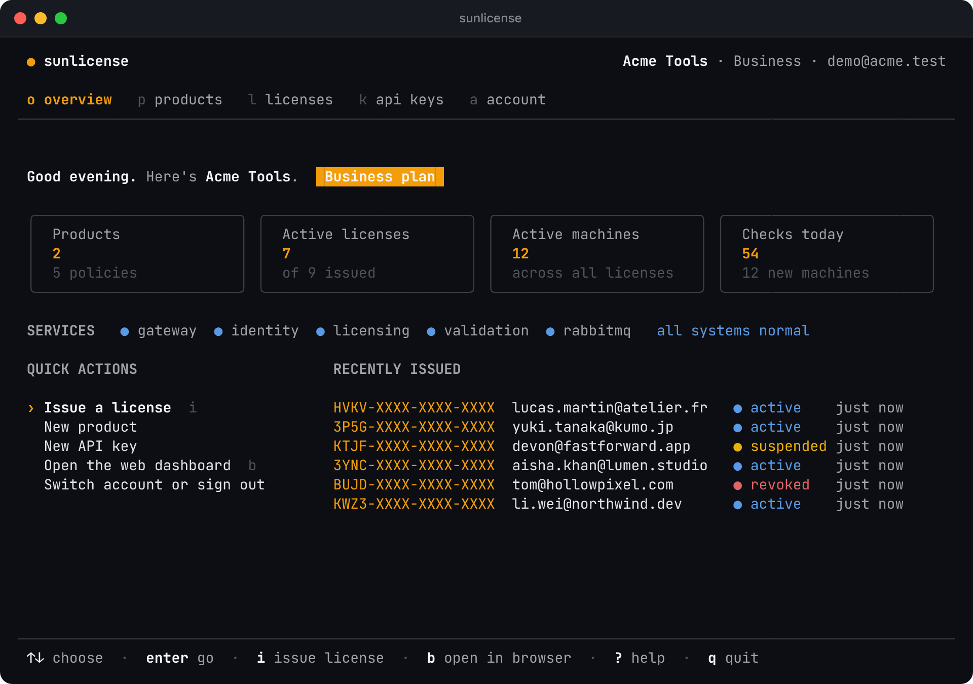 The sunlicense app: an overview of Acme Tools with products, active licenses, machines and today's checks